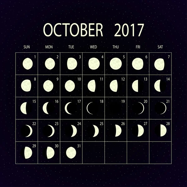 Calendário de fases lunares para 2017. Outubro. Ilustração vetorial . — Vetor de Stock