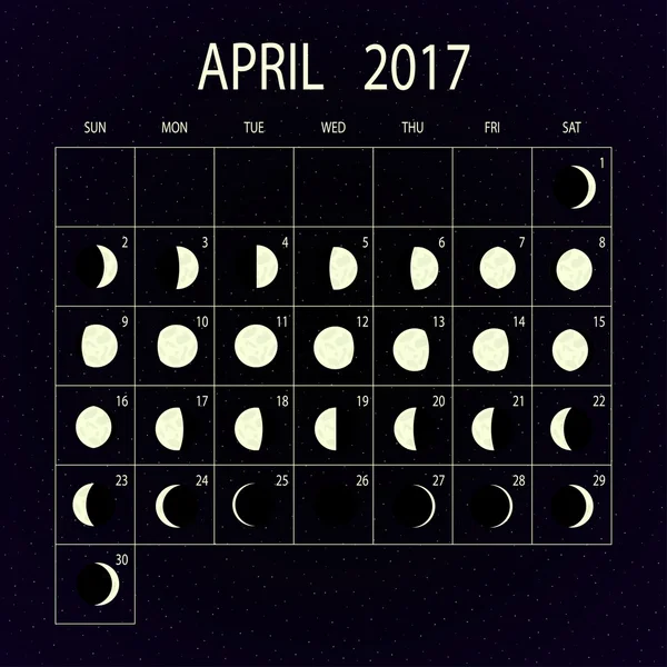 Calendário de fases lunares para 2017. Abril. Ilustração vetorial . — Vetor de Stock