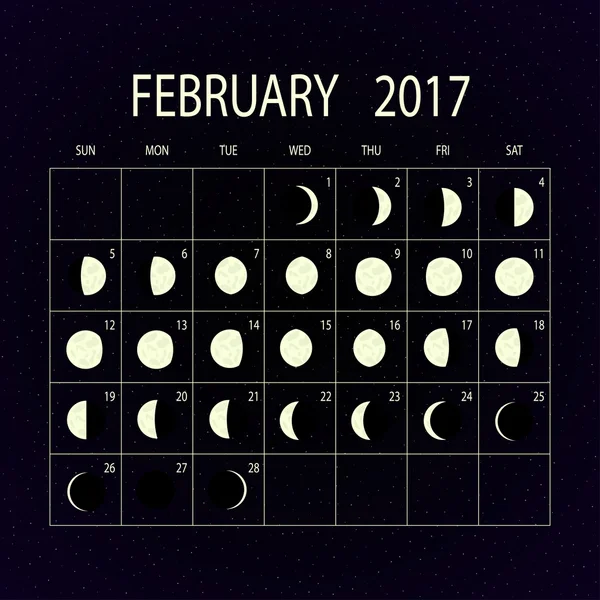 Mondphasenkalender für 2017. Februar. Vektorillustration. — Stockvektor