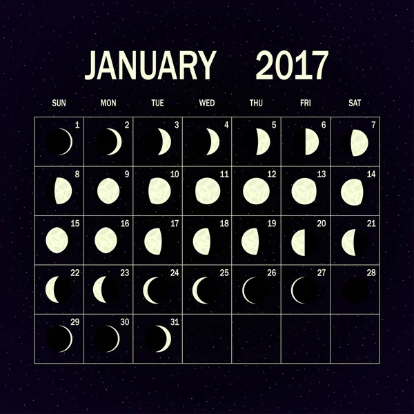 Mondphasenkalender für 2017. Januar. Vektorillustration. — Stockvektor