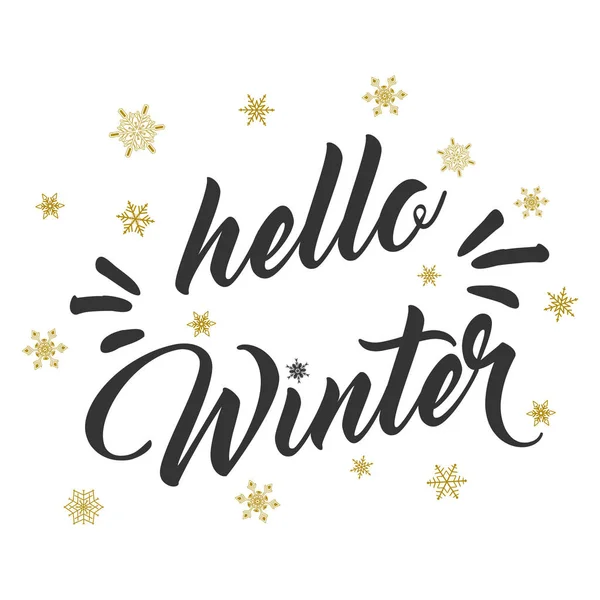 Hola texto de invierno y copos de nieve dorados. Diseño de tarjeta vectorial con caligrafía personalizada . — Archivo Imágenes Vectoriales