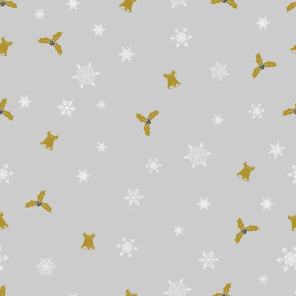 Vektor Weihnachten nahtloses Muster aus weißen Schneeflocken, goldenen Glocken und Beeren auf grauem Hintergrund. — Stockvektor