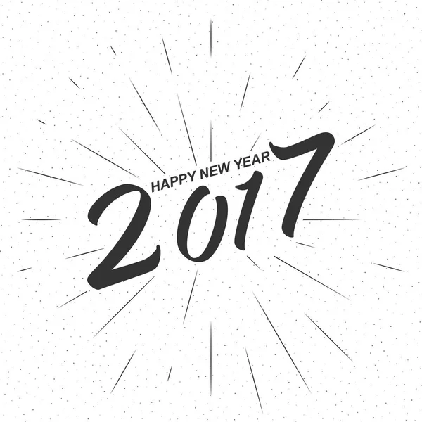 Vector monochrome tekst Happy New Year 2017 voor wenskaart, flyer, poster-logo met lichtstralen van barsten. Geïsoleerd op wit. — Stockvector