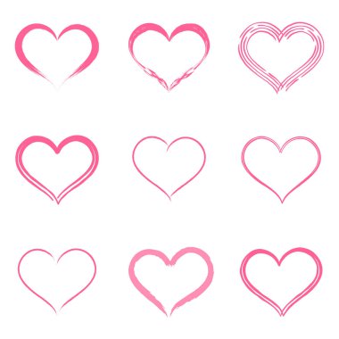 Beyaz elle çizilmiş vektör kalpler sette izole.