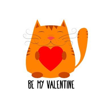 Kırmızı kalp ve metin ile vektör sevimli kedi.