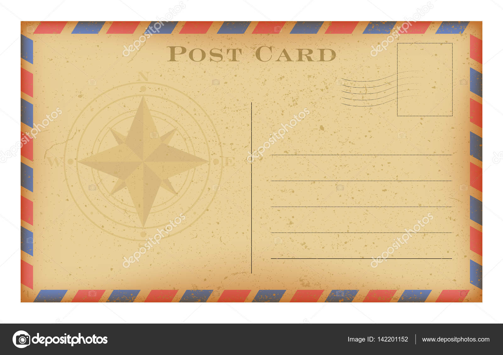 Vector old postcard with compass. Grunge paper vintage postcard