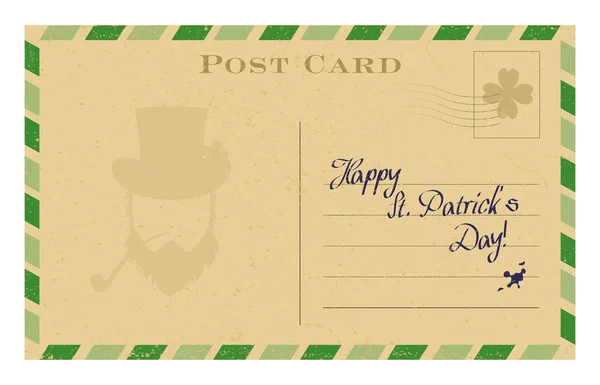 Vieille carte postale vectorielle avec silhouette de lutin et cadre vert. Modèle de carte de vœux St. Patrick . — Image vectorielle