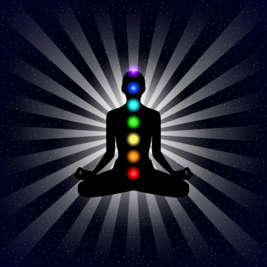Vektör meditasyon tasarım konsepti. Gece gökyüzü arka plan üzerinde yedi Çakralar ile lotus pozisyonda siluet.