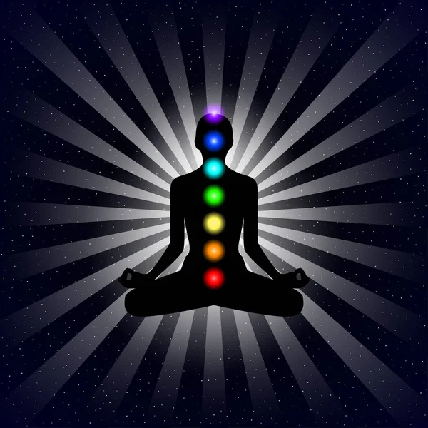 Vektör meditasyon tasarım konsepti. Gece gökyüzü arka plan üzerinde yedi Çakralar ile lotus pozisyonda siluet.