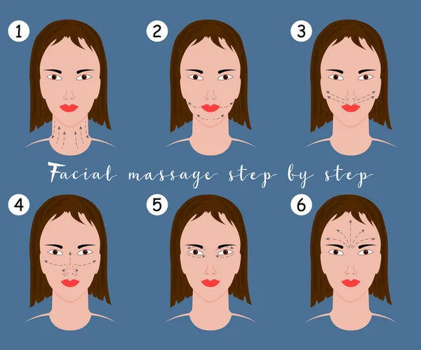 Conjunto de instrucciones de masaje facial aisladas sobre fondo azul. Ilustración vectorial de líneas de masaje en cara de mujer . — Vector de stock