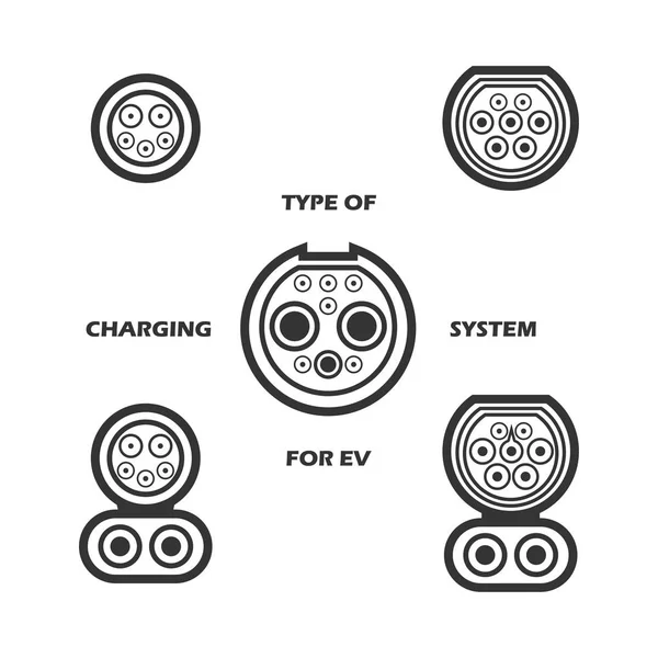 Vektor-Set von Ladesystemen für Elektrofahrzeuge. verschiedene Arten von Steckern für Elektroautos. — Stockvektor