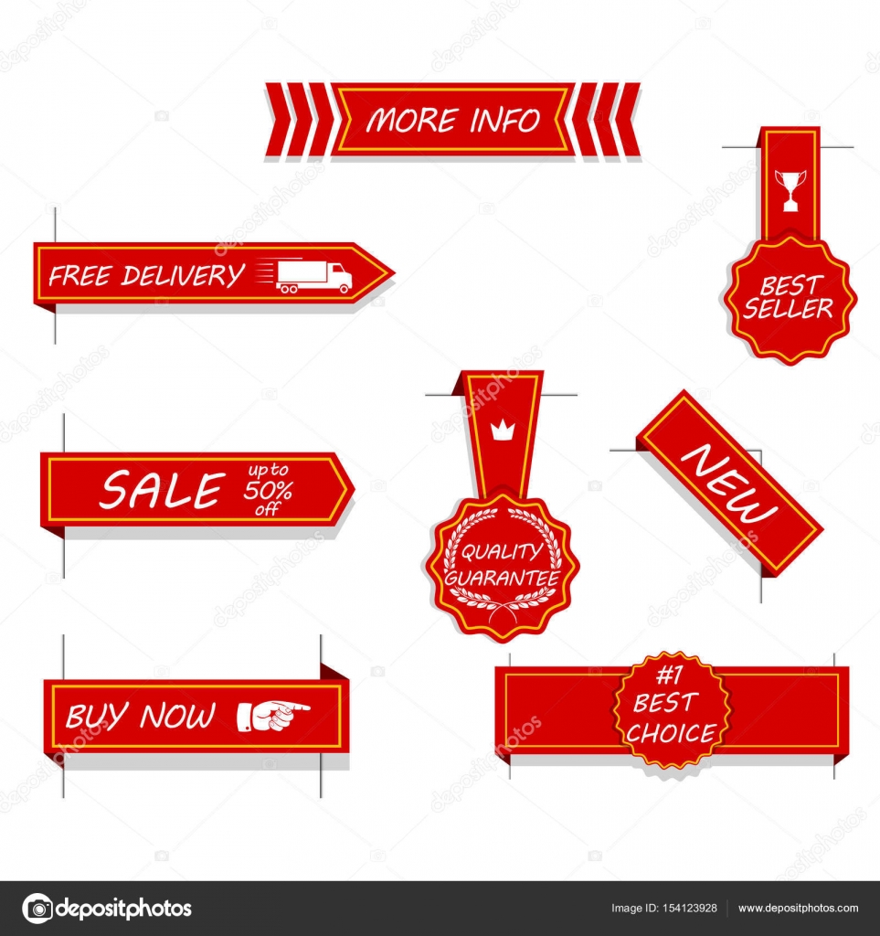 Vector set of red price tags, labels, stickers, arrows and ribbons