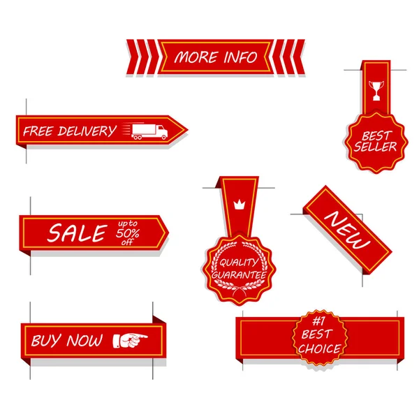 Conjunto vetorial de etiquetas de preço vermelho, etiquetas, adesivos, setas e fitas. Isolado em branco . — Vetor de Stock