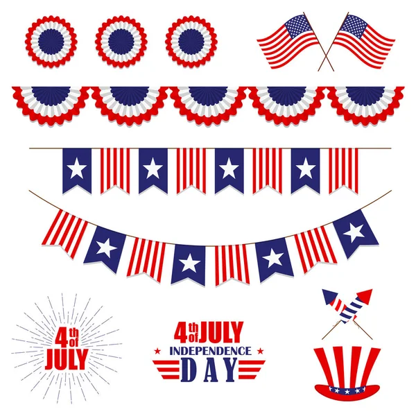 Conjunto vectorial de decoración para el 4 de julio. Bunting for USA Independence Day (en inglés). Aislado sobre blanco . — Archivo Imágenes Vectoriales