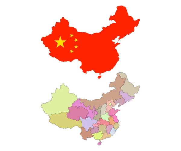 Векторная карта Китая с цветовыми регионами и границами. Карта и флаг КНР. Изолированные на белом . — стоковый вектор