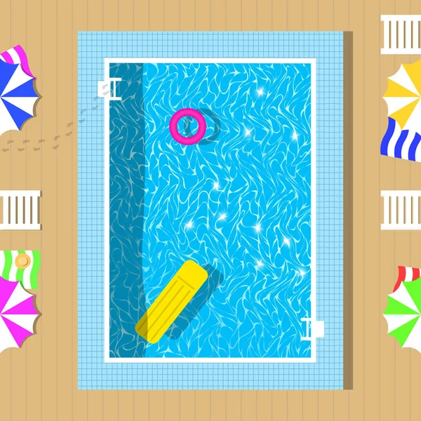 Vector swimming pool top view with reflection of clear water. Relaxation zone near pool. — Stock Vector