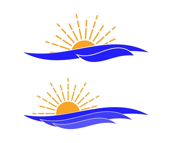 Ondas oceânicas vetoriais e ícone do sol. Modelo para o logotipo da empresa de turismo, área de descanso, etc. Isolado em branco . — Vetor de Stock