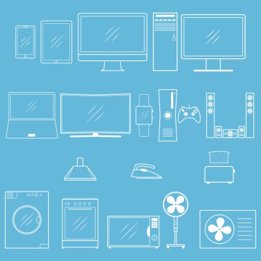 Vektör ev aletleri simgeleri anahat. Farklı modern ev eşyası ve dijital cihazlar simgesi web tasarımı için.