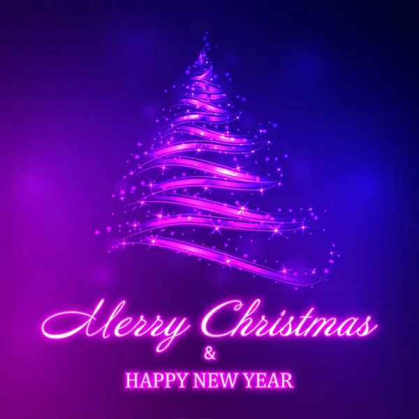 Vector brillante árbol de Navidad con neón Feliz Navidad y Feliz Año Nuevo letras sobre fondo colorido. Plantilla para vacaciones de invierno . — Vector de stock