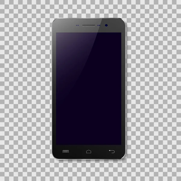 Smartphone negro vectorial con pantalla en blanco aislado sobre fondo transparente . — Vector de stock