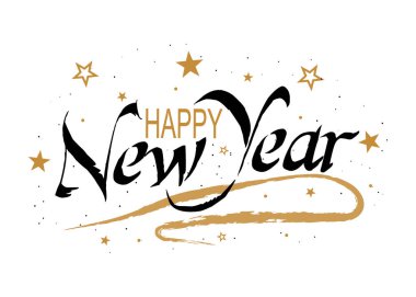 Vektör Happy New Year yazı yıldız ve kar ile. Tatil hat afiş, poster, tebrik kartı, yeni yıl eğlencesi daveti için. Beyaz arka plan üzerinde izole.