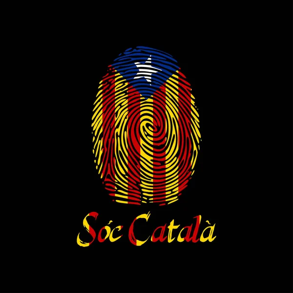 Vector fingerprint with Catalonia flag and text I am Catalan in the Catalan language. Template for printing on t-shirts and other products. — Stock Vector