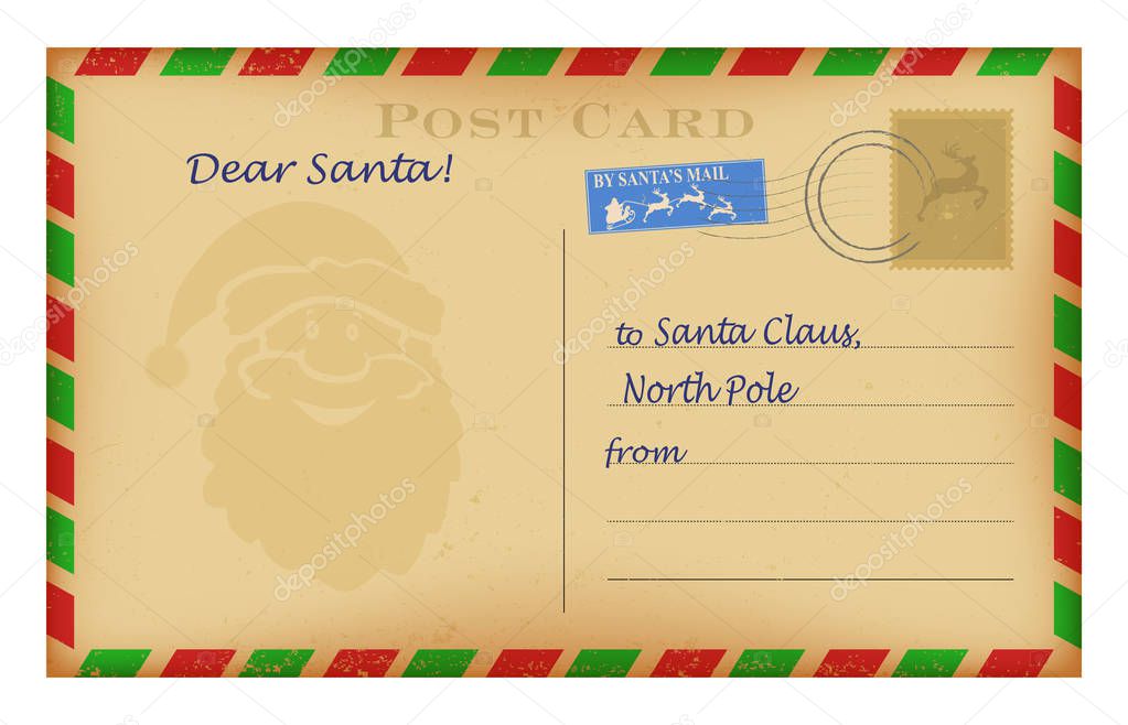 Vector vintage Christmas letter to Santa template. Wish list design. Isolated on white background. Vector illustration.