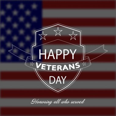 Vektör Gaziler günü arka plan beyaz kalkan ve bulanık ABD ulusal bayrak üzerinde yazı ile.