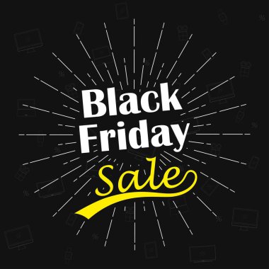 Vektör Black Friday Satılık yazıt tasarım şablonu. Siyah Cuma arka plan farklı cihazlar simgesiyle.