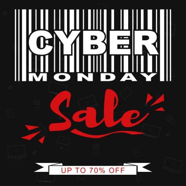Vektör Cyber Pazartesi Satılık promosyon afiş şablon stilize barkod ile.