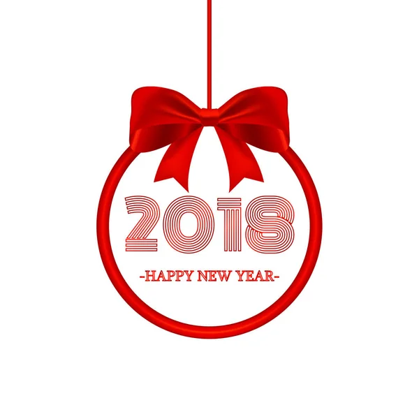 Vector Kerstdecoratie. Ronde banner met belettering 2018 Happy new year en rode boog. Geïsoleerd op witte achtergrond. — Stockvector