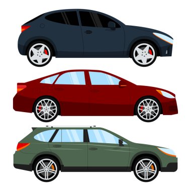 Vektör hatchback, sedan ve evrensel araba. Farklı binek araç kümesi. Beyaz arka plan üzerinde izole.