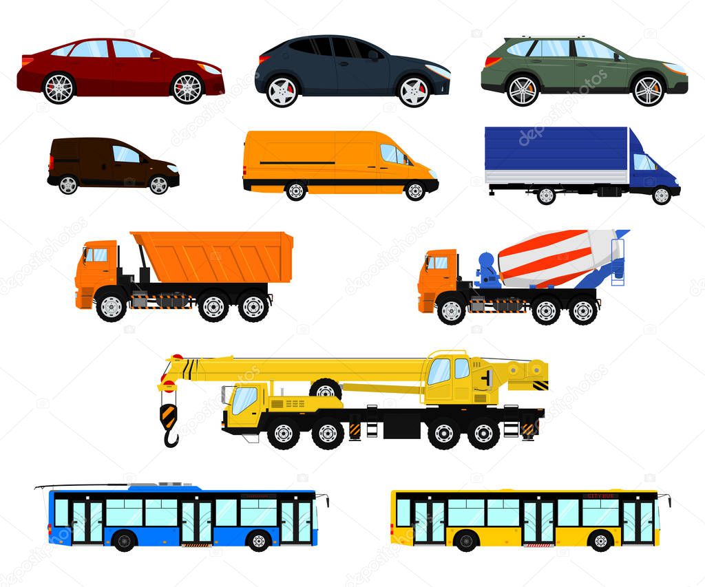 Vector set of different car, vehicle and truck. Passenger car, delivery vehicle, construction truck and city public transport. Isolated on white background.