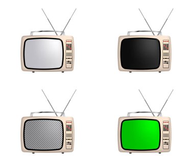 Vektör retro taşınabilir tv ile farklı ekran koymak: beyaz, siyah, şeffaf ve yeşil. Beyaz arka plan üzerinde izole.