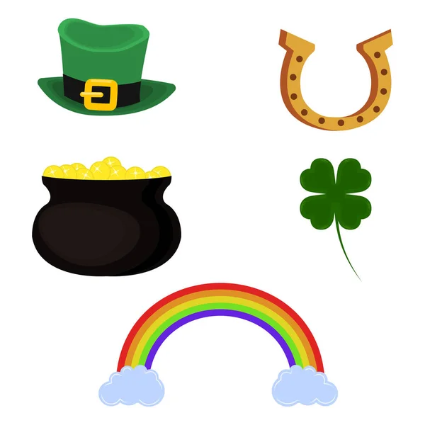Vector pot of gold, leprechaun hat, horseshoe, four leaf clover and rainbow. Set of symbol for St. Patricks Day. Isolated on white background. — Stock Vector
