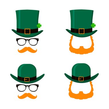 Saint Patricks Day karakter cin yeşil şapka, Kızıl Sakal ve yüzü ile vektör kümesi. St Patricks Günü için tasarım öğeleri. Beyaz arka plan üzerinde izole.