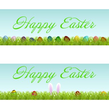 Renkli Paskalya ile iki Paskalya afiş kümesi vektör yeşil çim ve yazı üzerinde yumurta. Beyaz arka plan üzerinde izole.