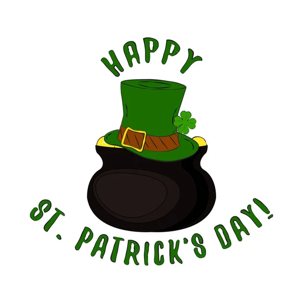 Vector Happy St. Patricks Day lettering com chapéu de duende e pote de ouro. Isolado sobre fundo branco . — Vetor de Stock