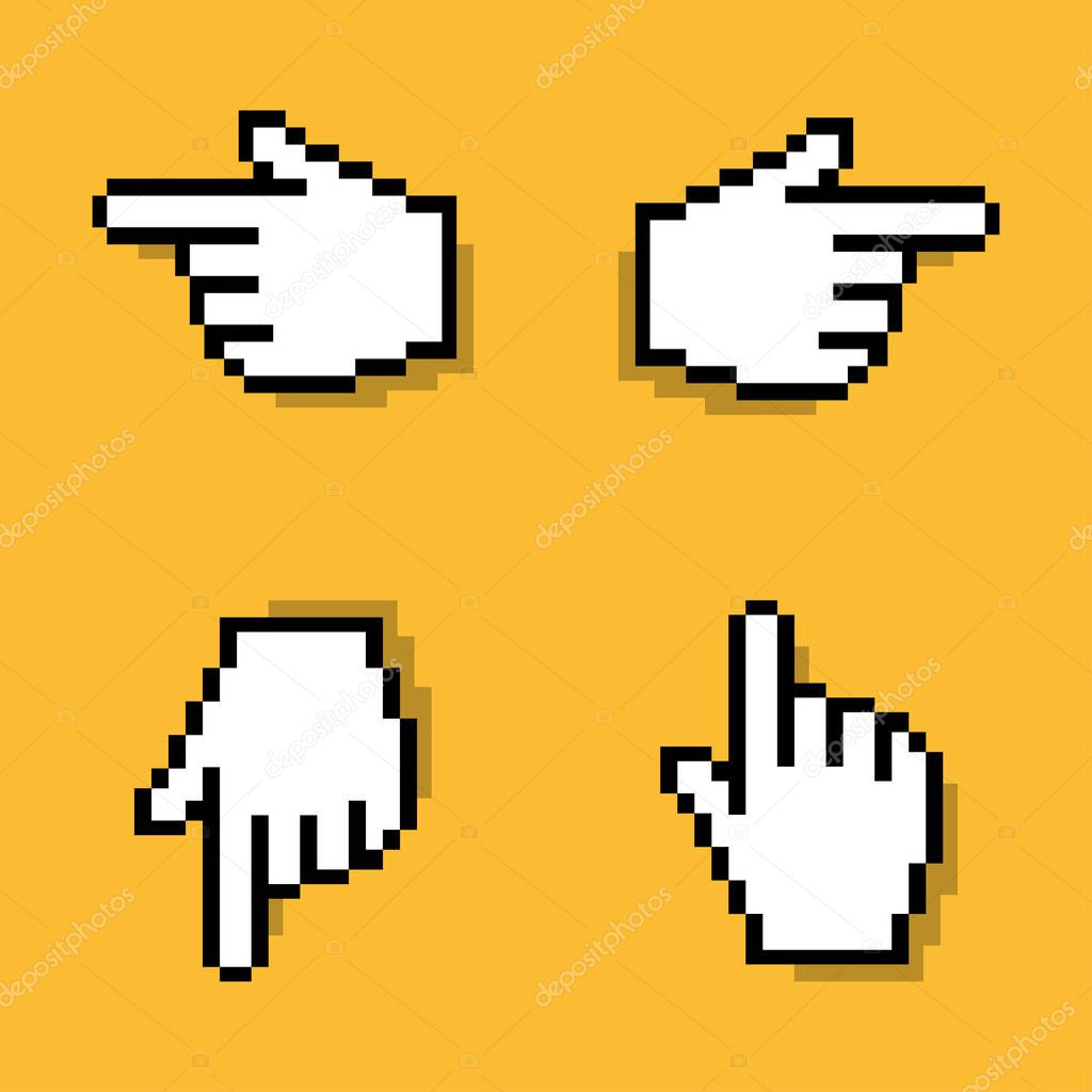 Vector old styled pixelated mouse hand cursor in various direction.