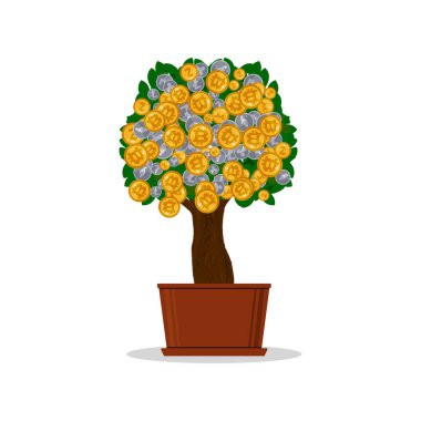 Vektör yeşil ağaç üzerinde farklı cryptocurrency sikke sembollerle incelemesi kavramı. Beyaz arka plan üzerinde izole.