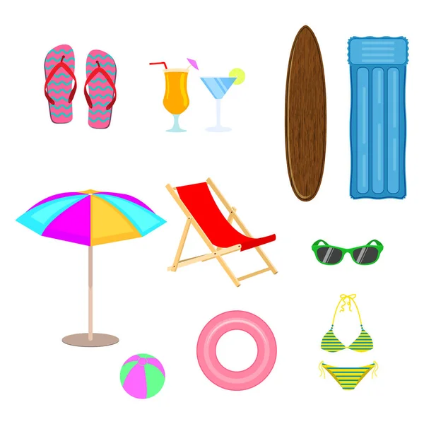 Vector set of beach accessories in flat style for your summer or holiday design. Isolated on white background. — Stock Vector