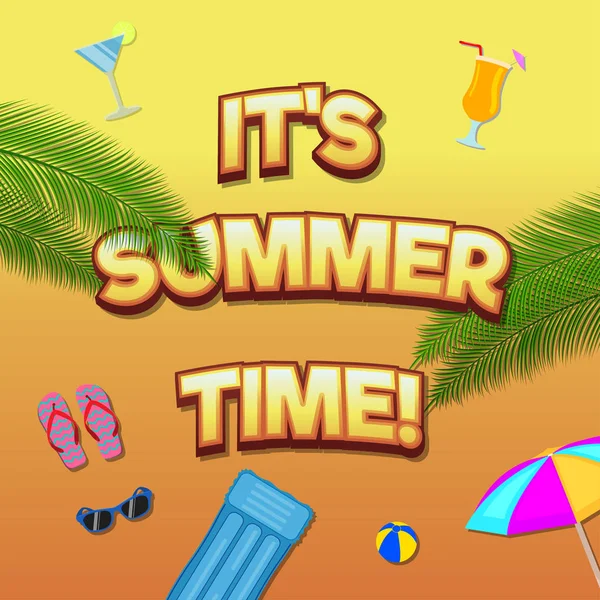 Vektor nyáron banner sablon. A nyári időszámítás szöveg betűkkel rajzfilm stílusú a különböző kiegészítők. — Stock Vector