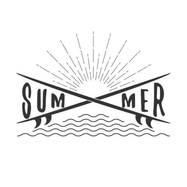 Vektör yaz el sörf tahtası, dalgalar ve güneş ışınları ile metin yazı. Beyaz arka plan üzerinde izole.
