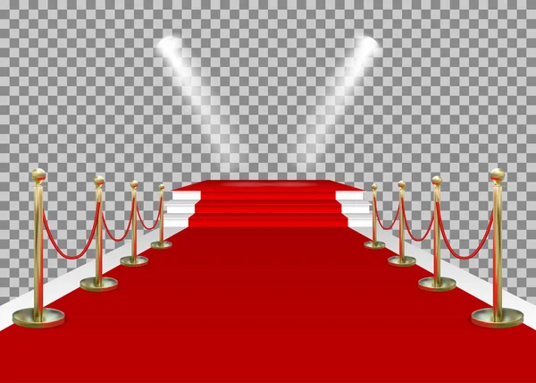 Kırmızı halı ve merdivenleri, sahnesi ve spot ışıkları olan altın bariyerler. Vip ödül için sahneye giriyor. Parlak eskrim şeffaf arka planda izole edildi. Vektör.
