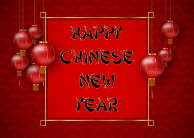 Geleneksel kırmızı fenerlerle Çin yılbaşı mesajınız kutlu olsun. Çin Yeni Yıl Tasarımı Şablonu. Vektör.