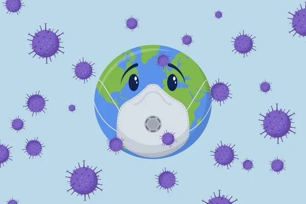 Coronavirus oder COVID-19 Zellen Banner mit Planet Erde in medizinischer Maske. Konzept der weltweiten Virusepidemie. Vektor. — Stockvektor