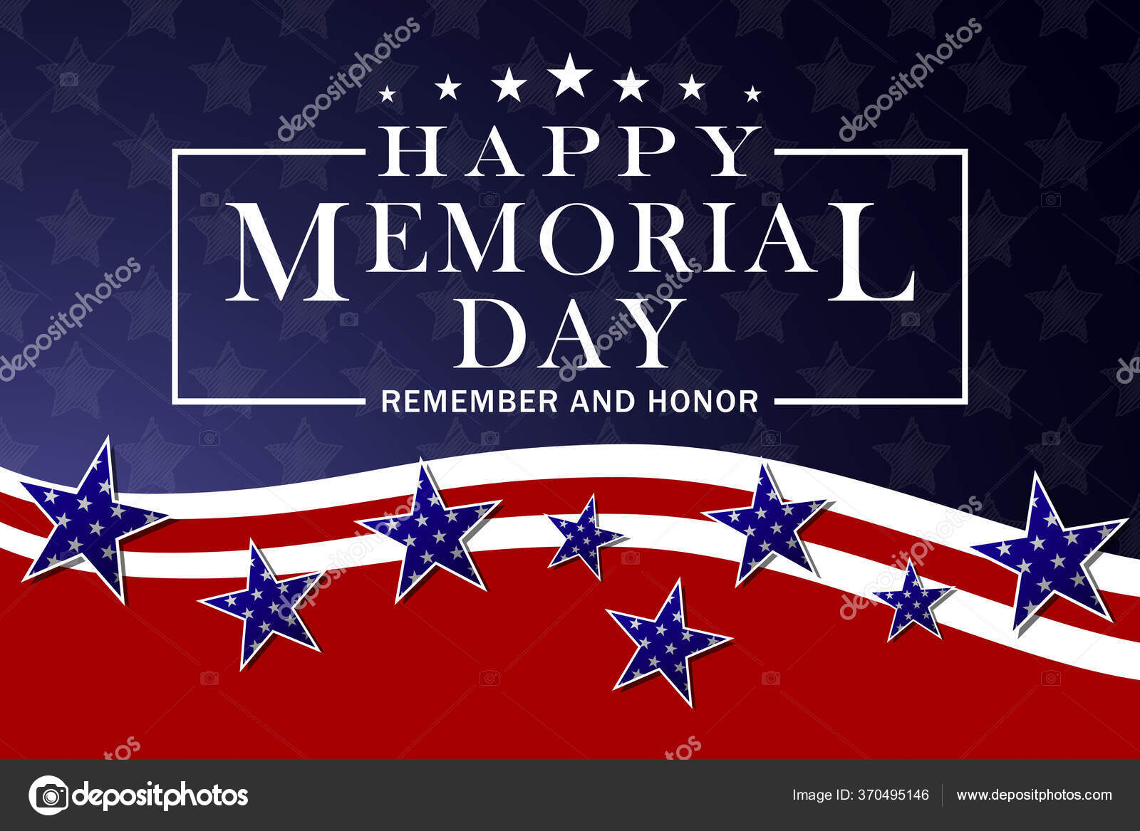해피 메모리얼데 이 배경. 메모리얼데 이 깃발 과 포스터 디자인을 위한 템플릿. 미국 국기, 별, 줄무늬와 함께 현충일 인사 카드.  Vector. 스톡 벡터 - ©mas0380 370495146