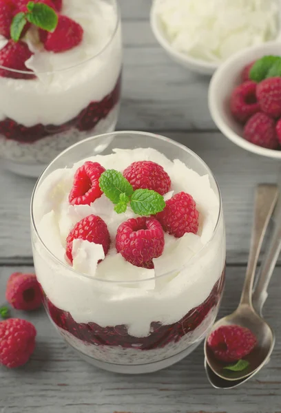 Colazione sana, nel deserto, con budino ai semi di chia, panna, marmellata di lamponi, scaglie di cocco e bacche fresche — Foto Stock