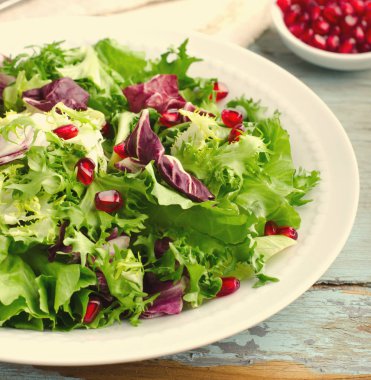 Ispanak, frisee, roka, radicchio ve nar tohumları üzerinde ahşap arka plan mavi ile yeşil salata