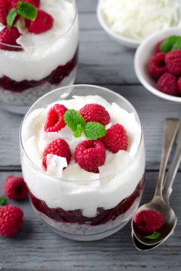 Sağlıklı kahvaltı, çöl, chia tohumu pudingi, krema, ahududu reçeli, hindistan cevizi gevreği ve taze böğürtlen.